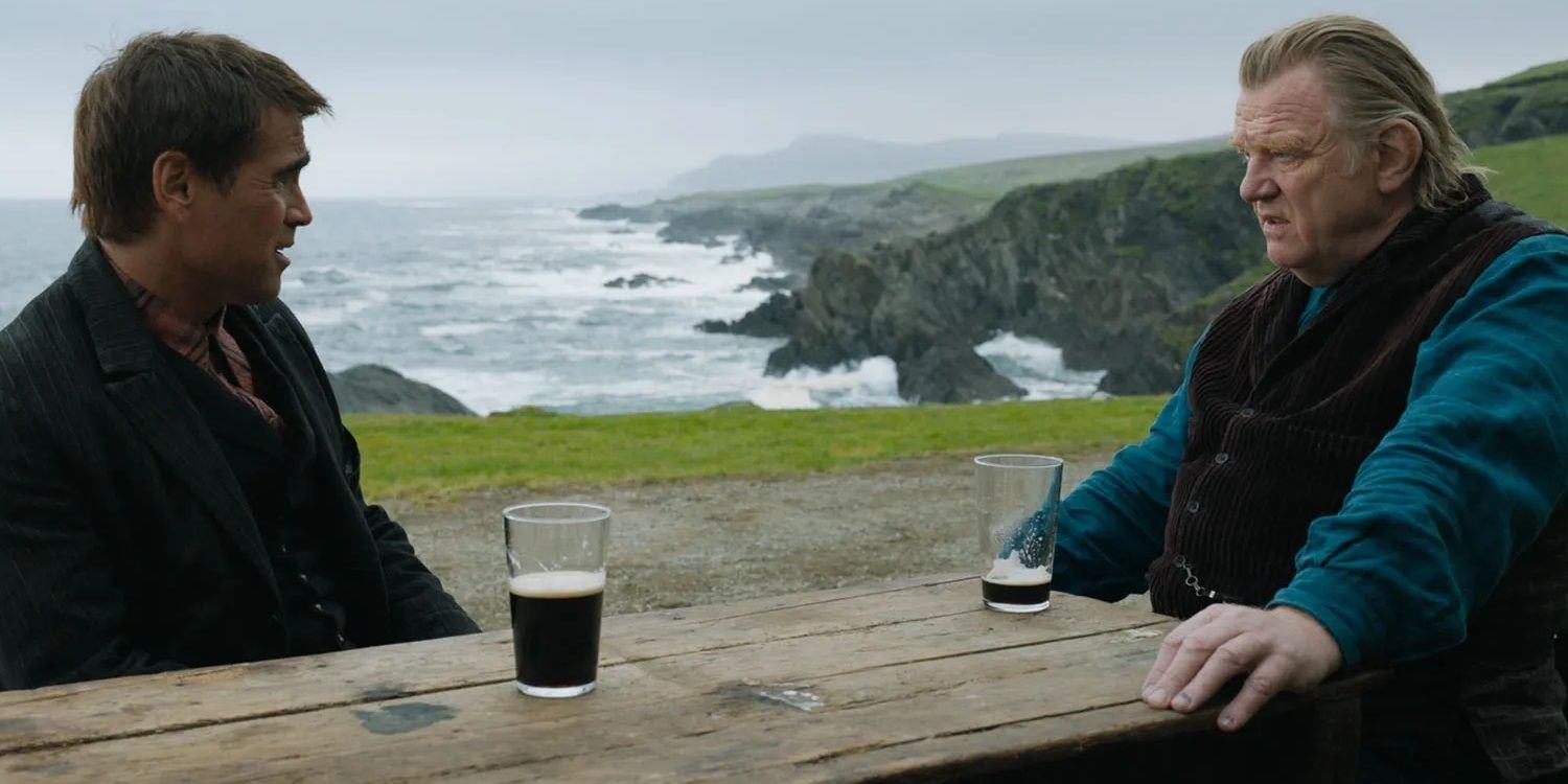 Colin Farrell and Brendan Gleeson at a bar in the Inishering Banshees