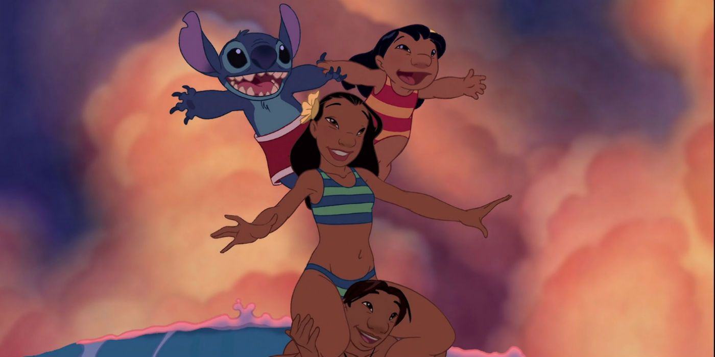 Surfing with Lilo, Stitch on Nani's shoulder