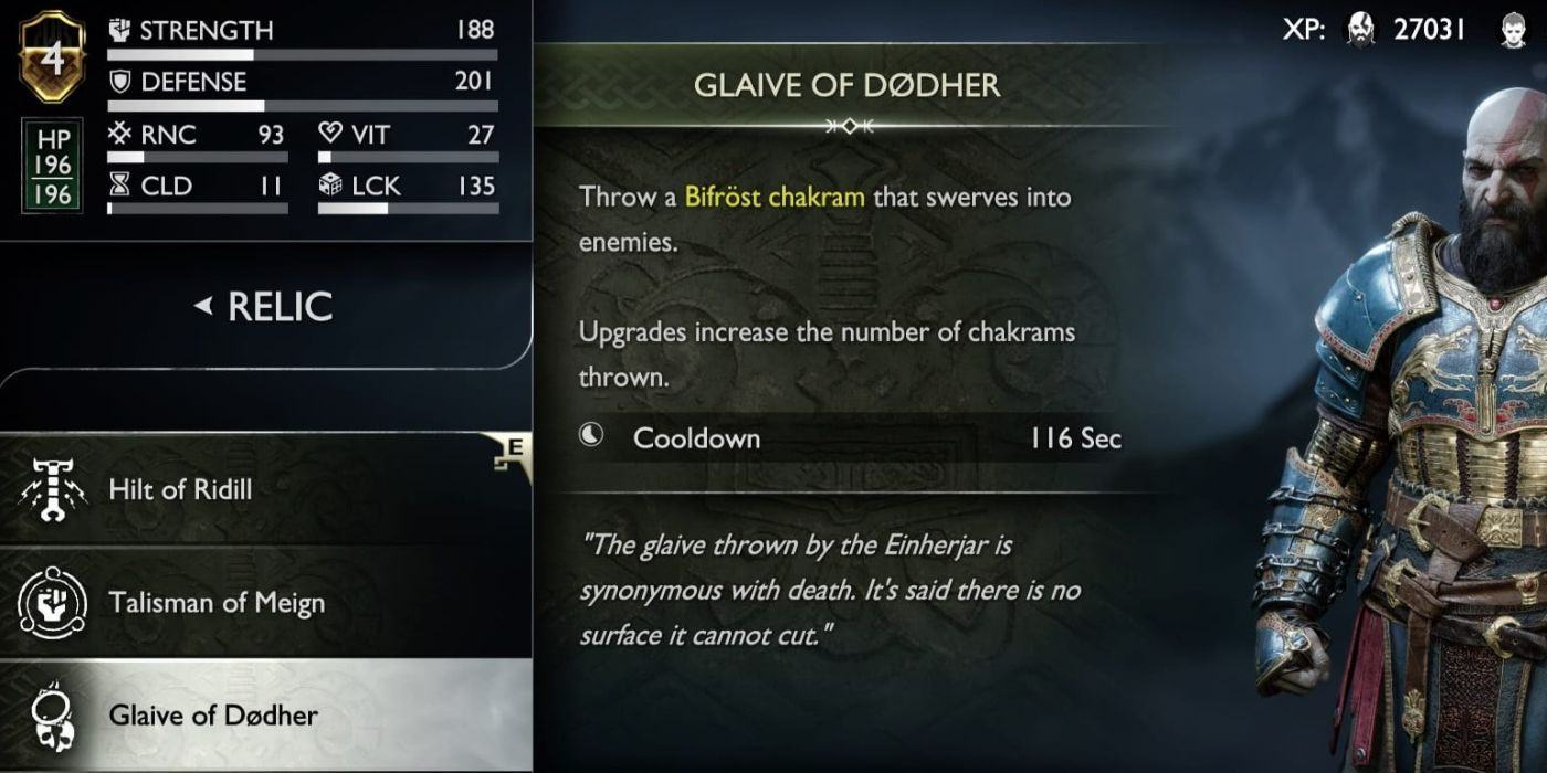Menu description for Glaive of Dodher, a relic in Ragnarok that allows Kratos 