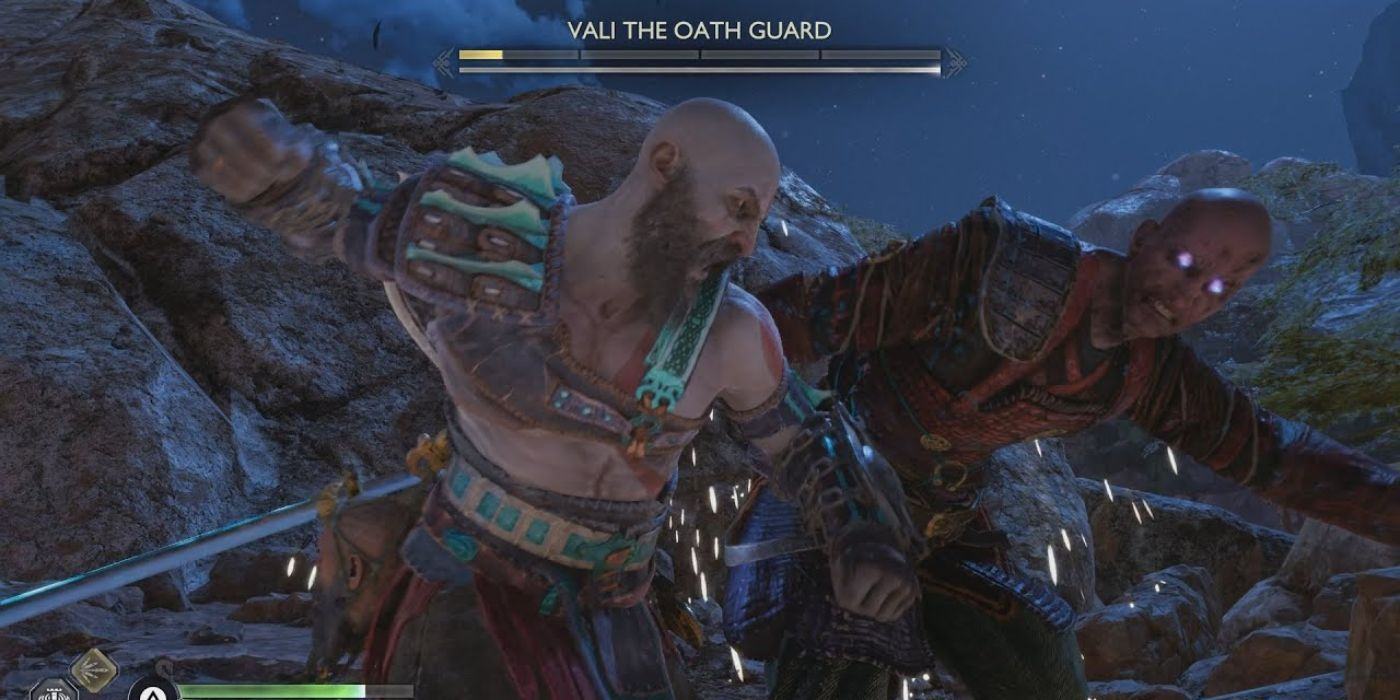 Kratos fights the Oathguard Valli.  The boss travels in Ragnarok.