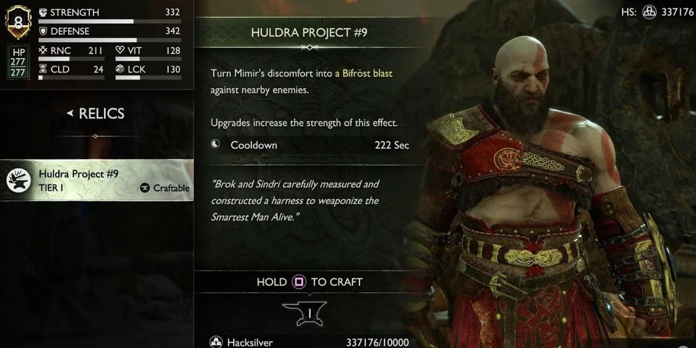 The menu description for Project Huldra #9 is a relic in ragnarok, the god of war, possibly 