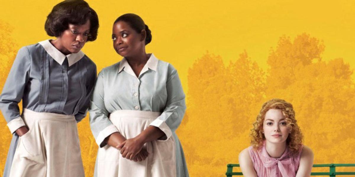 A photo of the various actors from The Help posing against a yellow background