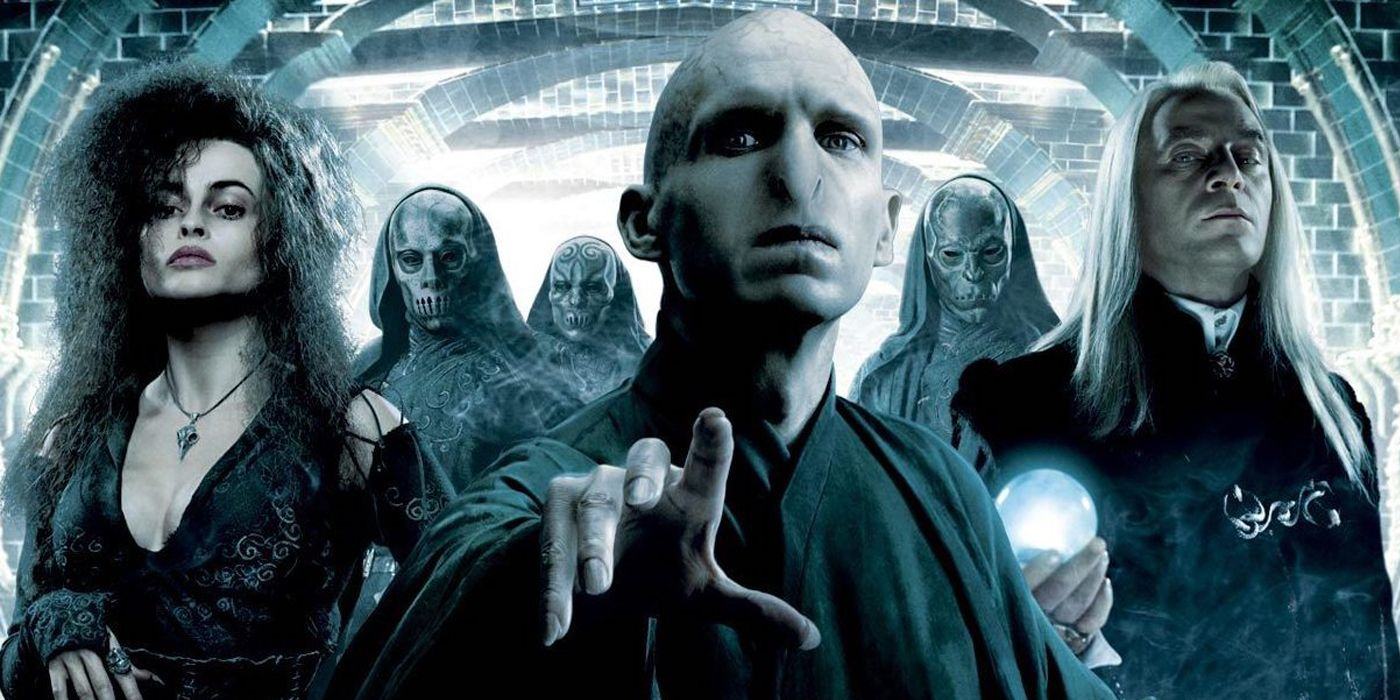 Voldemort and the Death Eaters in a promotional image for Harry Potter and the Order of the Phoenix.