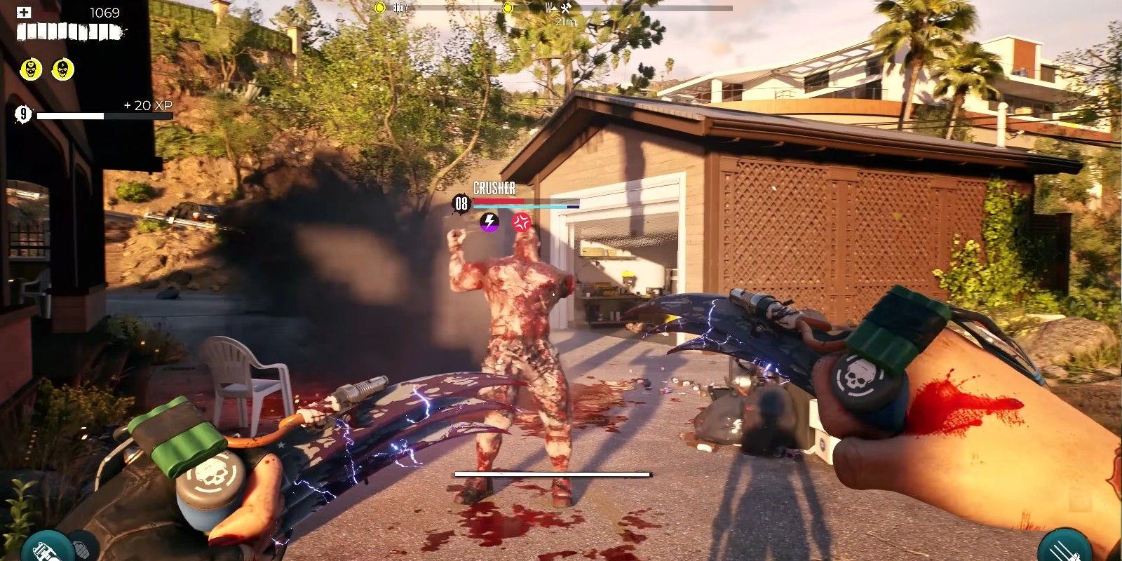 Dead Island 2: A large, muscular Crusher zombie with its back to the player wielding an electric claw weapon.