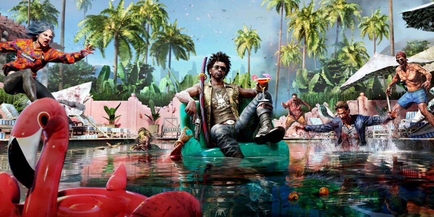 Jacob, one of Dead Island 2's playable protagonists, sits in an inflatable chair, drinking a cocktail in the pool as zombies approach from all directions, Dead Island 2 official cover art.