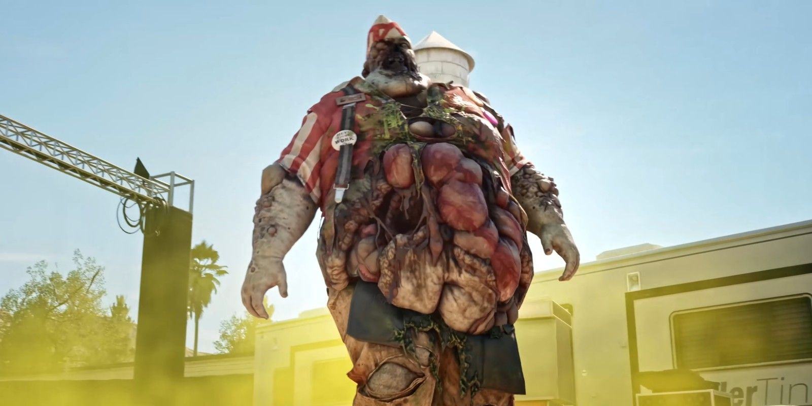 Dead Island 2: An overweight zombie surrounded by green fog, indicating that he is poisonous.