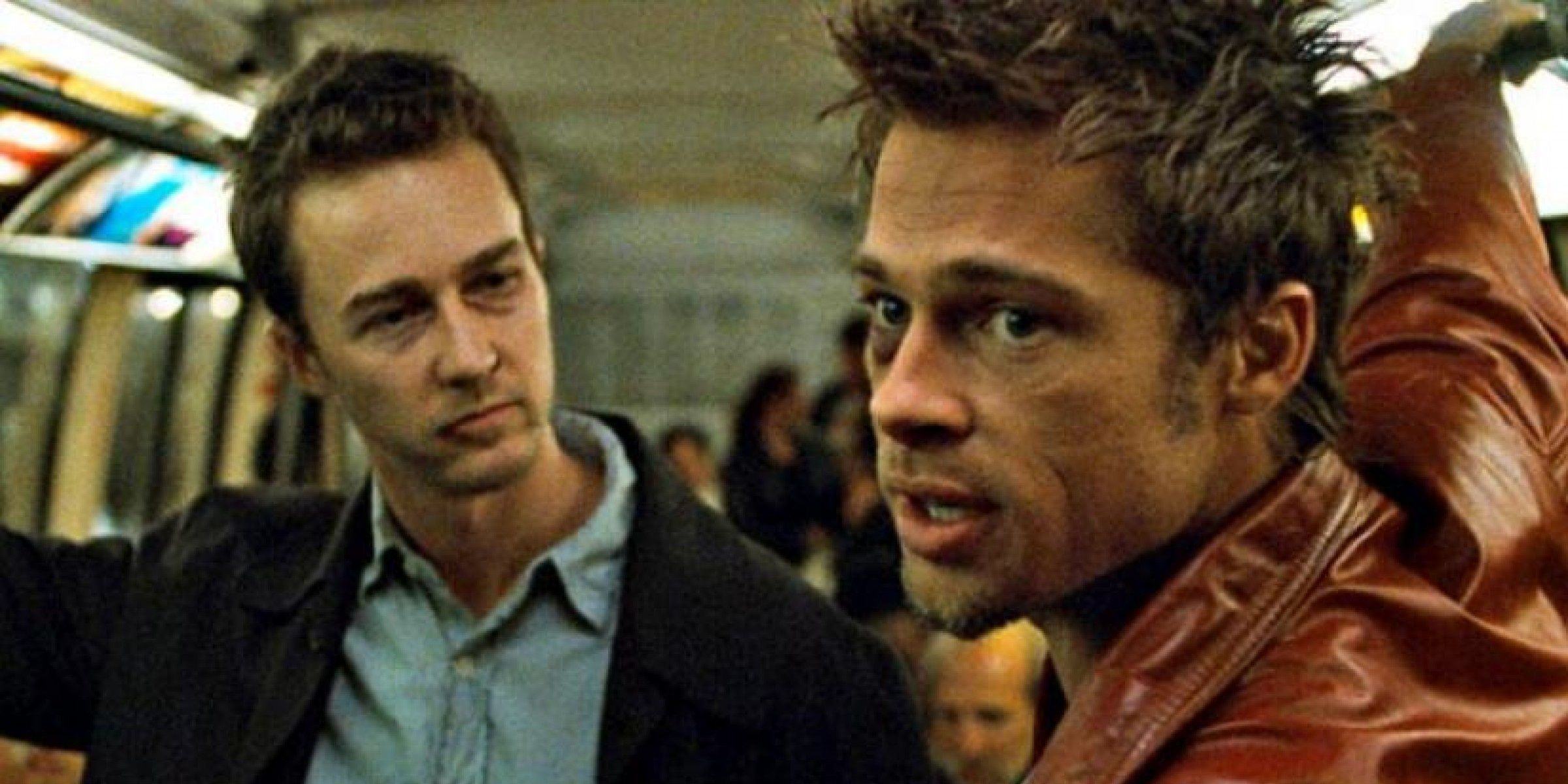 Edward Norton and Brad Pitt ride the bus at Fight Club