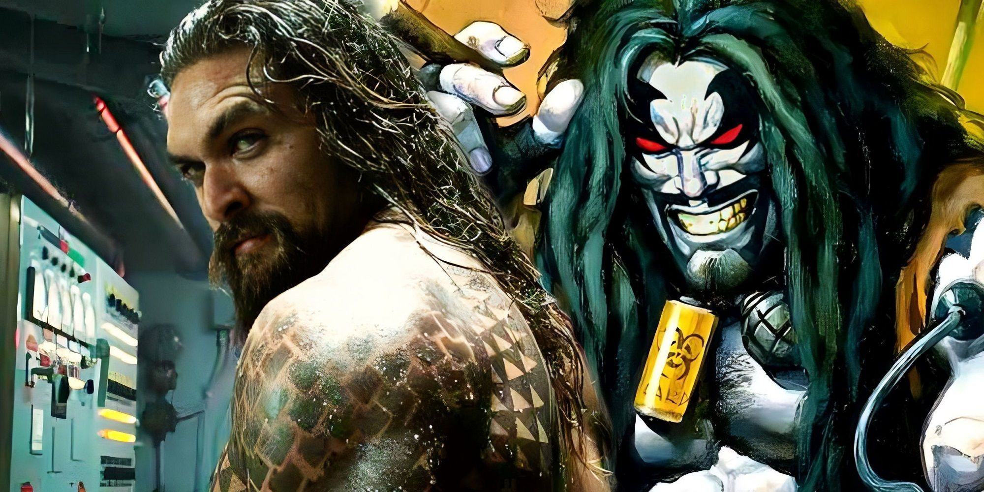 Jason Momoa as Aquaman and Lobo from DC Comics art.