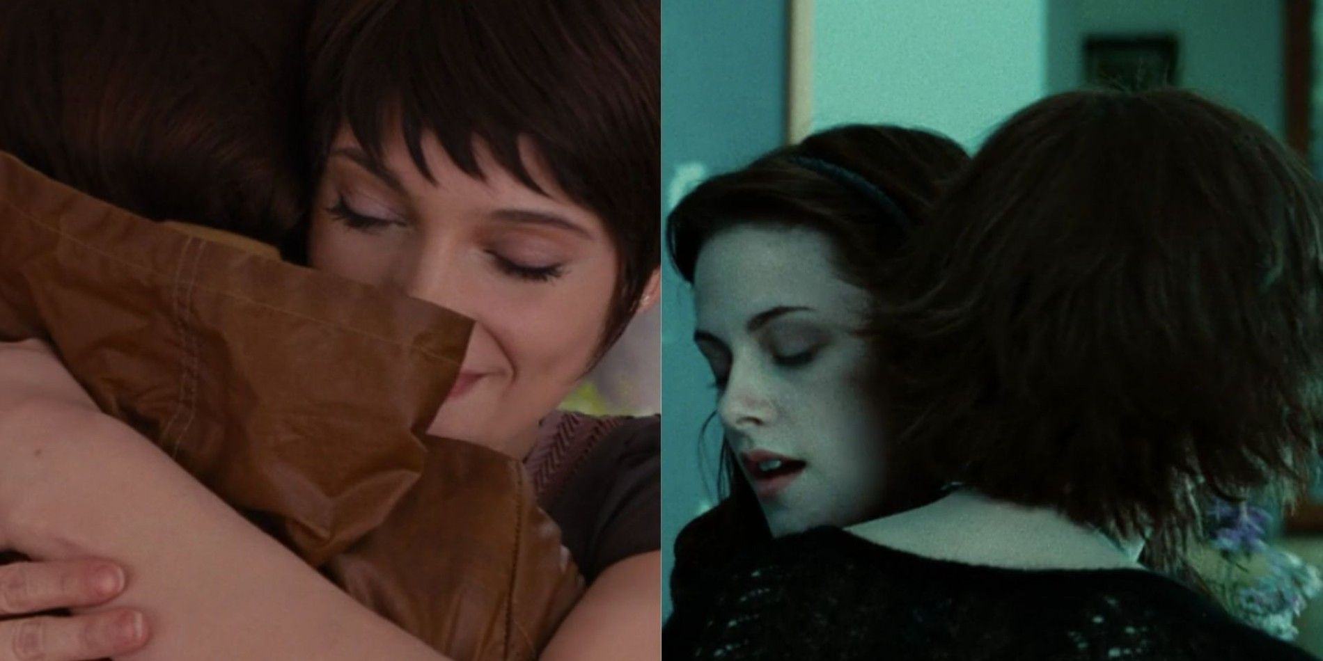 Split: Bella and Alice cuddling in two Twilight scenes