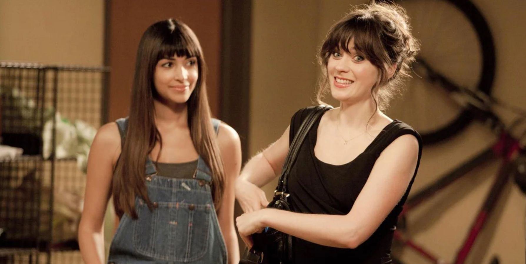 Cece in the overalls in the pilot New girl, Jess in the little black dress
