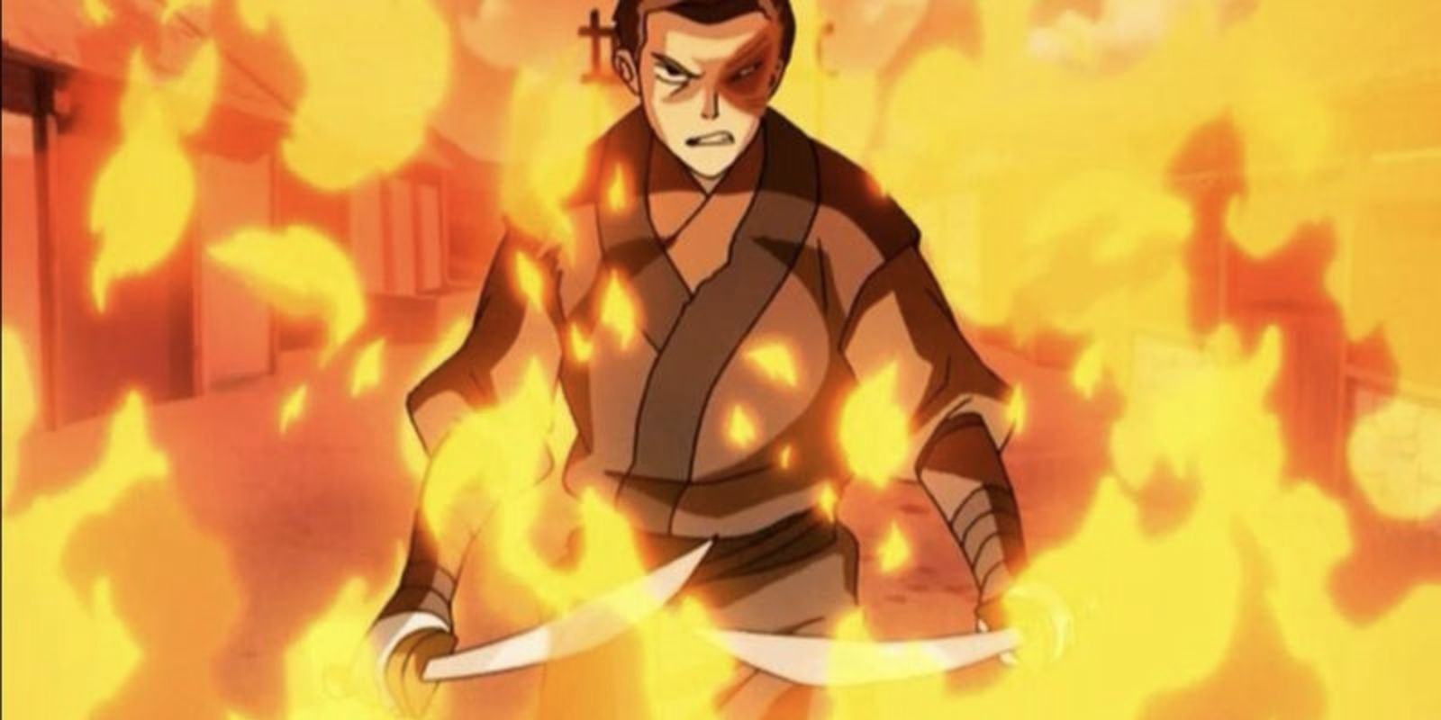 Zuko surrounded by flames in The Last Airbender