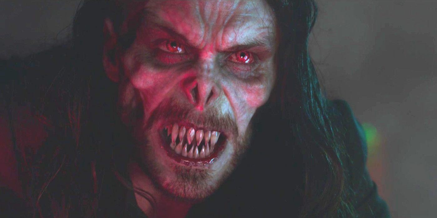 Jared Leto plays Morbius in the movie of the same name with red eyes like a vampire and big clenched teeth