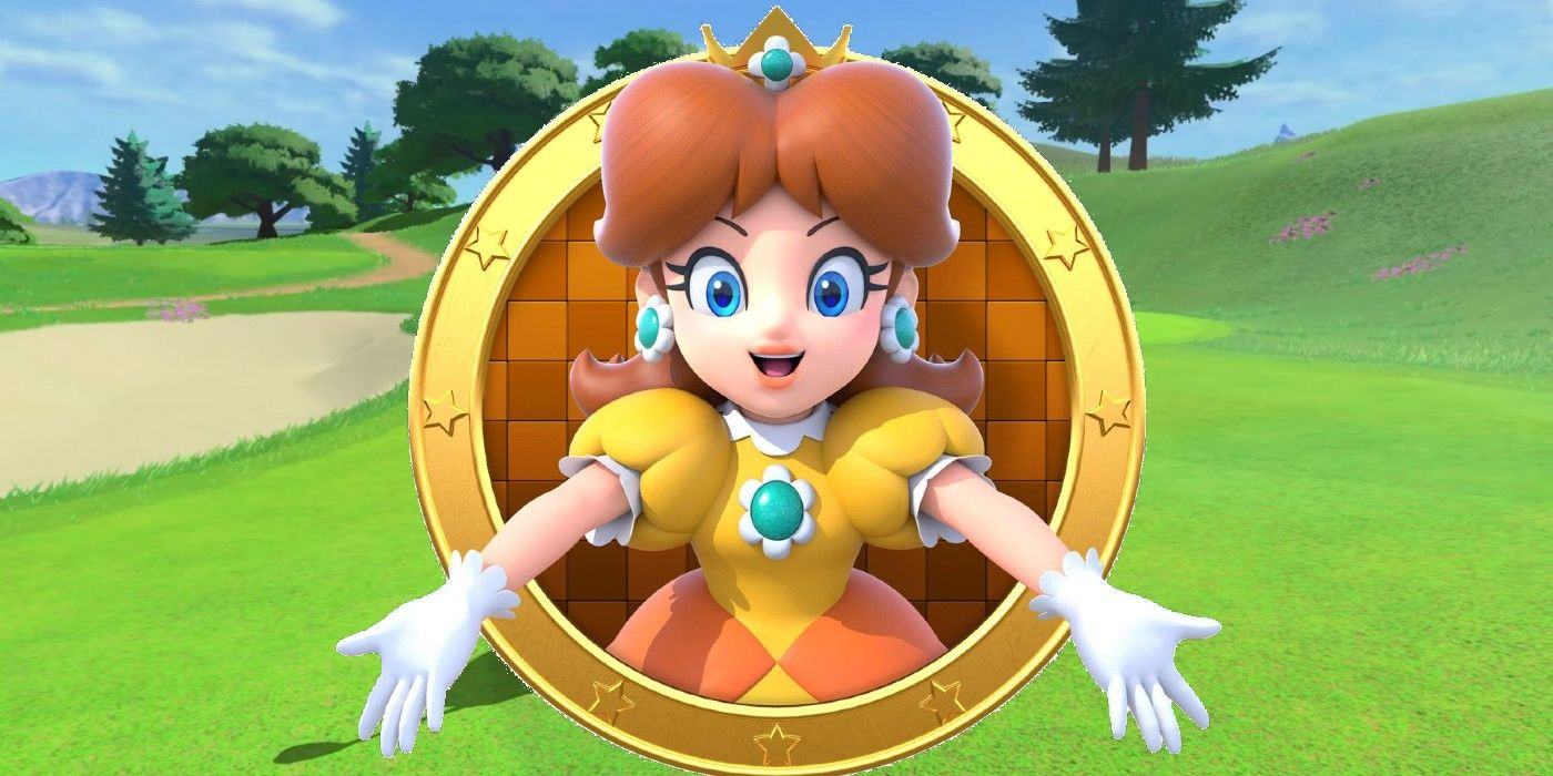 Daisy spreads her arms in the background of Mario Golf Super Rush