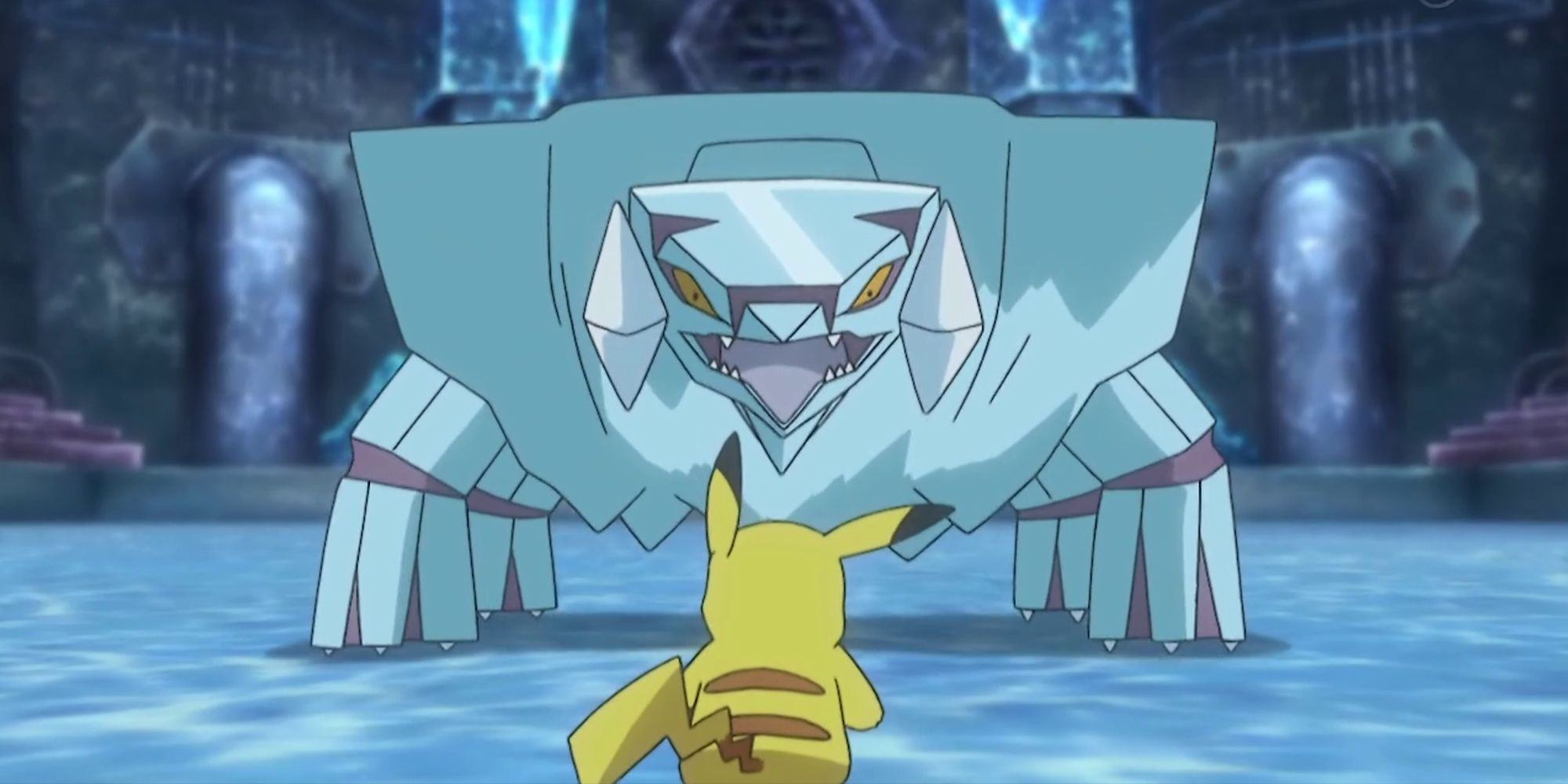 Avalugg stands menacingly in front of Pikachu in the Pokemon anime