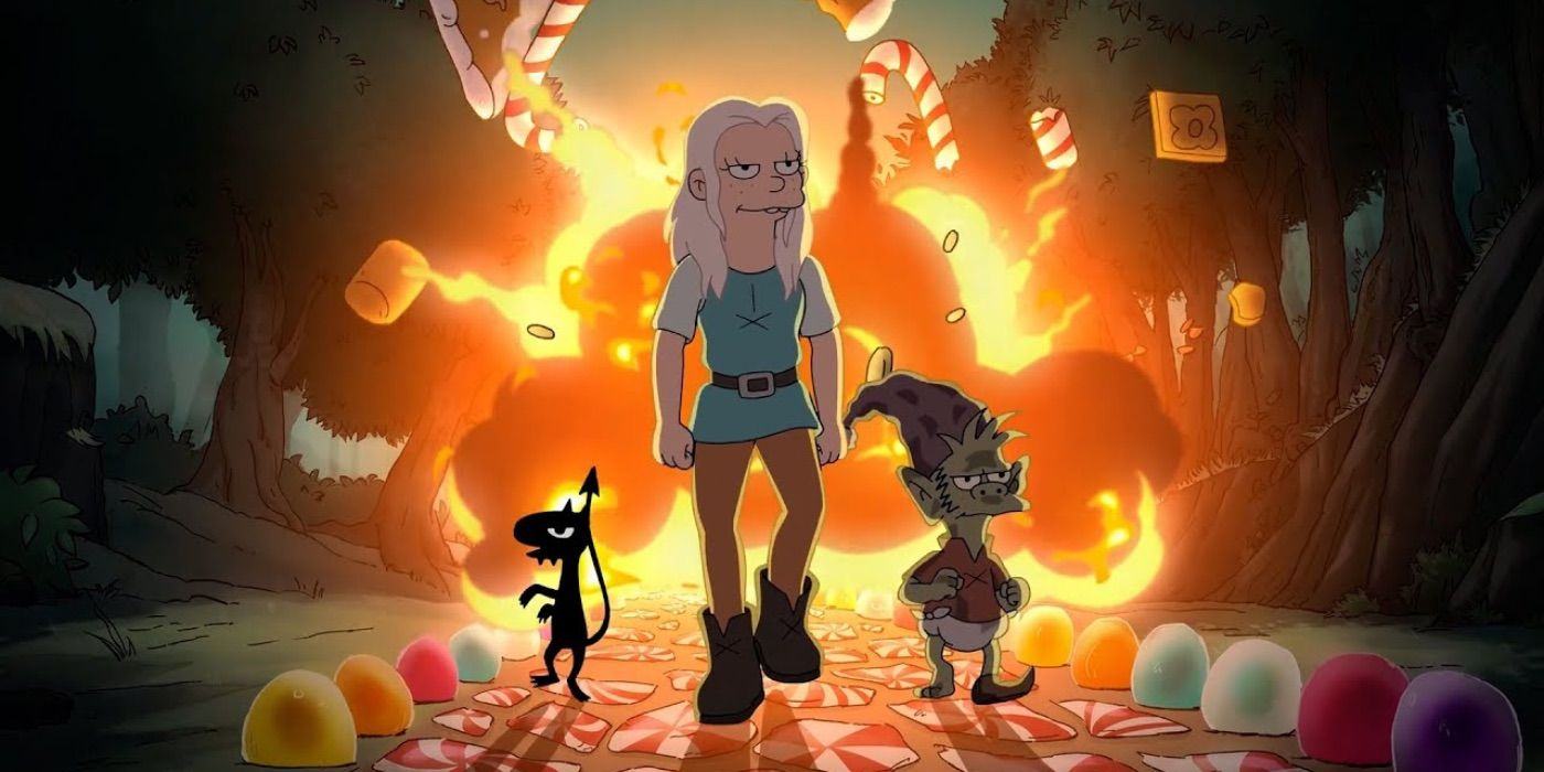 Luci, Bean and Elfo come out of the explosion in Disenchantment.