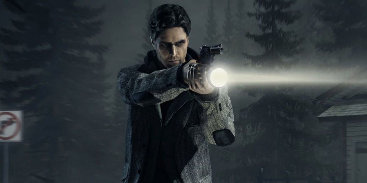 Alan Wake stands in a dark forest, shining a flashlight and pistol at enemies offscreen