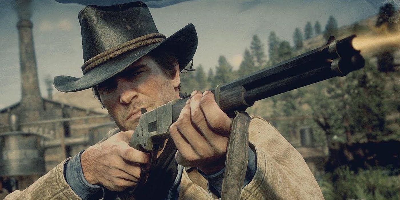 Arthur Morgan fires a Winchester rifle in Red Dead Redemption 2