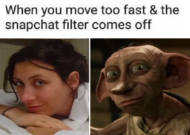 A meme showing a woman next to an image of Dobby with the words "As you move to snap and the snapchat filter is off."