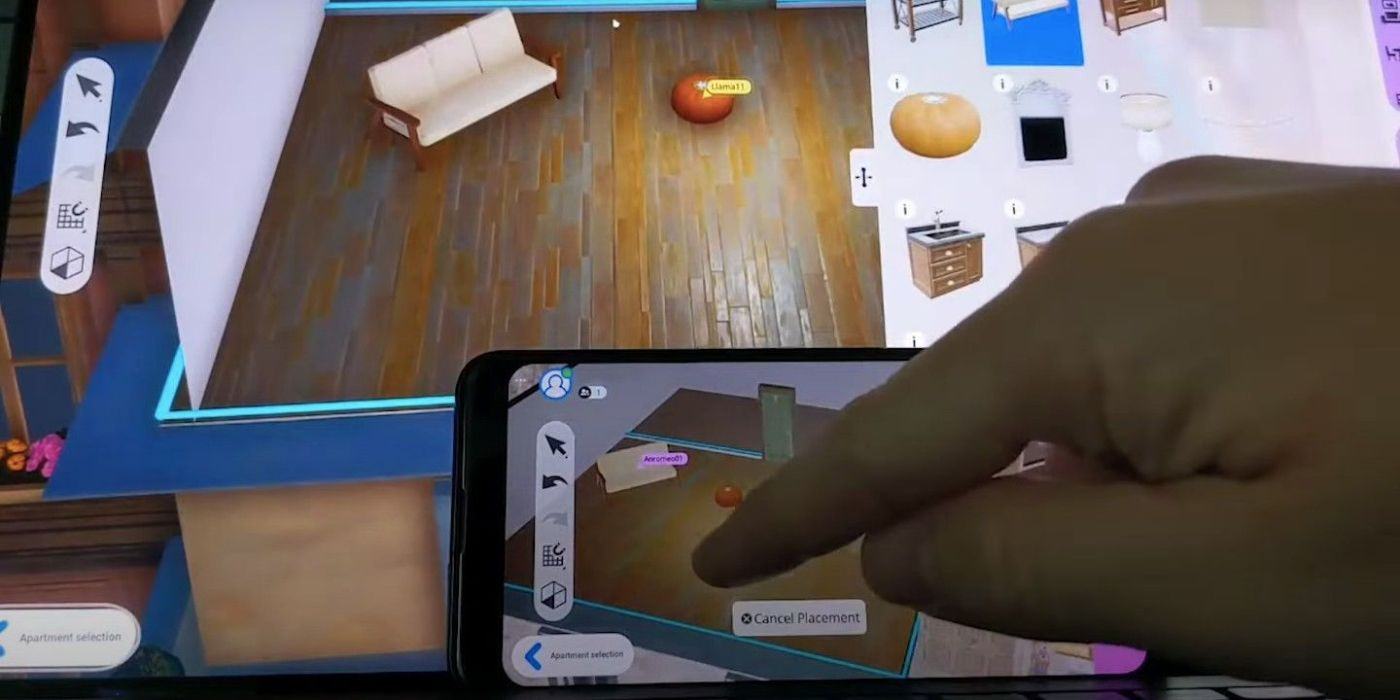 Screenshot from the Sims Summit section of Project Rene, showing a player decorating a room on their phone, with the same space on PC in the changing background.