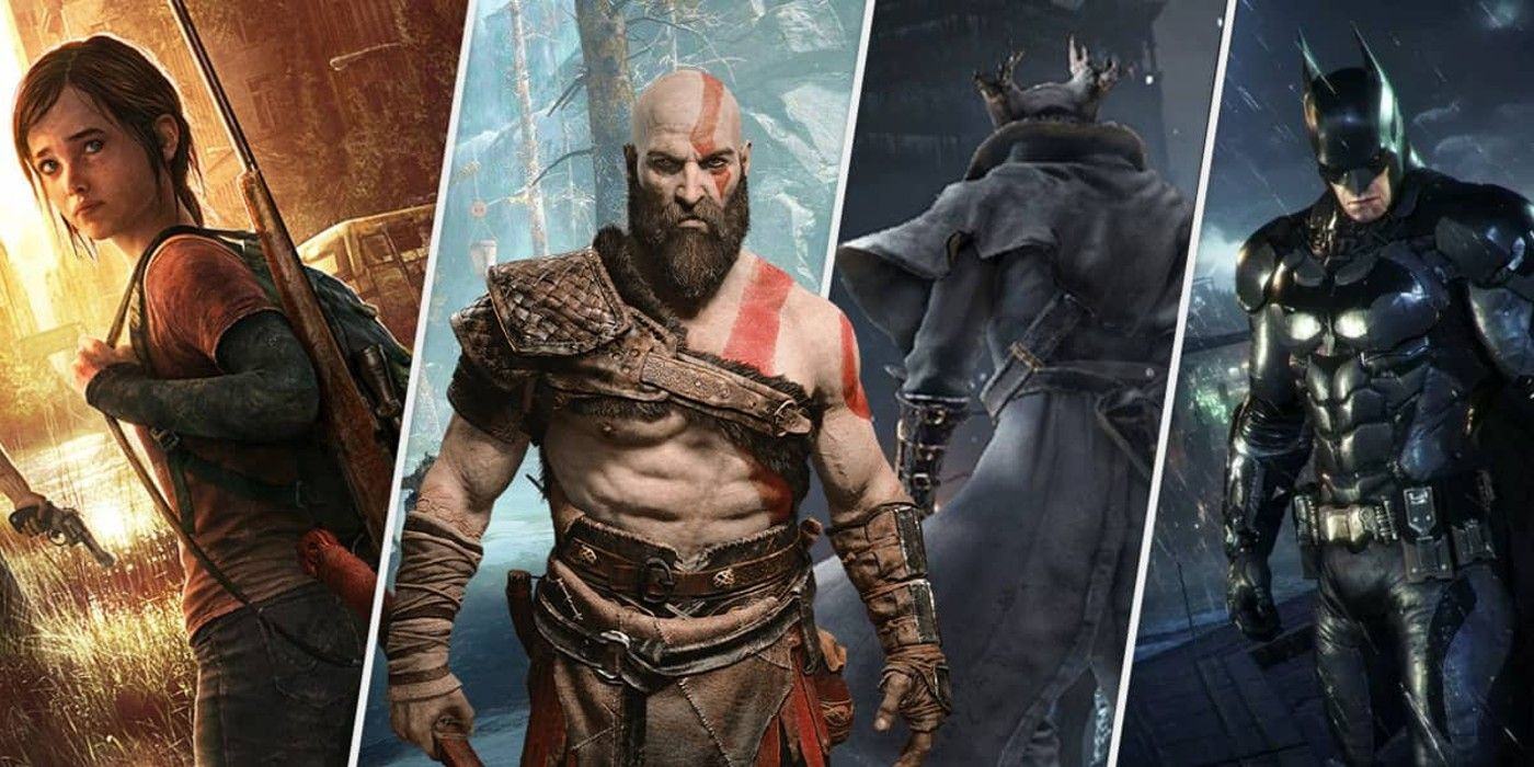 Collage of characters from games in the PlayStation Plus series.  Left to right: Ellie from The Last of Us, Kratos from God of War, Hunter from Bloodborne and Batman from Arkham Knight.