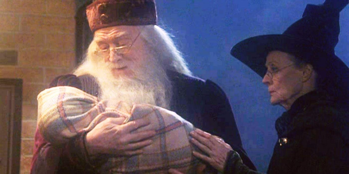 Dumbledore and Minerva holding baby Harry Potter