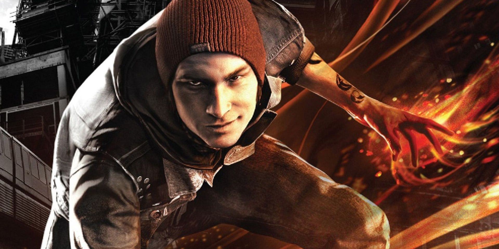 Cover photo of Infamous - Second Son leaning towards the camera, arms surrounded by flames