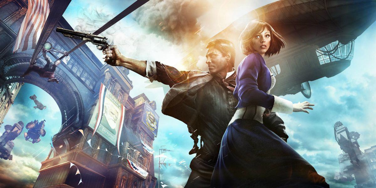 Bioshock Infinite Booker and Elizbaeth cover art with a spaceship in the background and Booker aiming his pistol