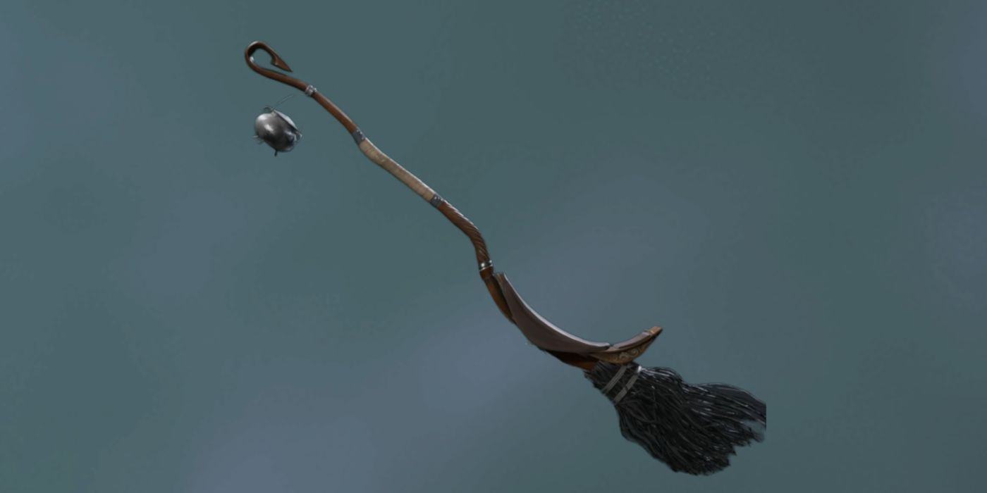 Drawing of an aerial broom from Hogwarts Heritage on a gray background.