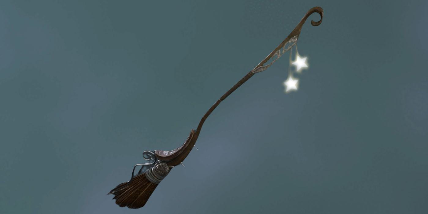 Drawing of a broomstick of Rays of Light from the Hogwarts Heritage on a gray background.