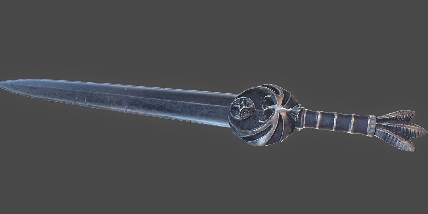 A render of the Nightingale Blade from Skyrim against a grey background.