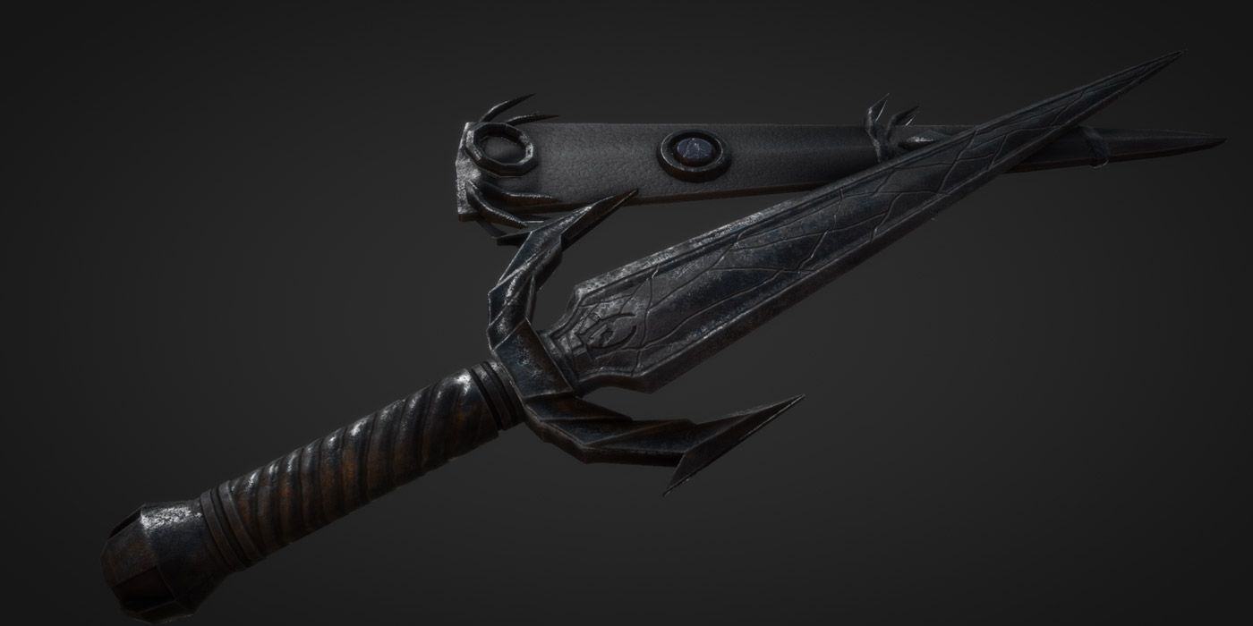 A render of Mehrune's Razor from Skyrim on a dark background.