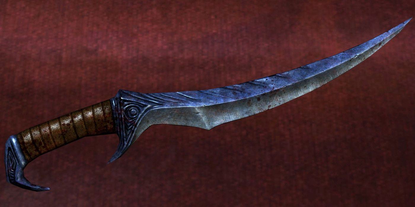 A render of the Blade of Woe from Skyrim against a red background.