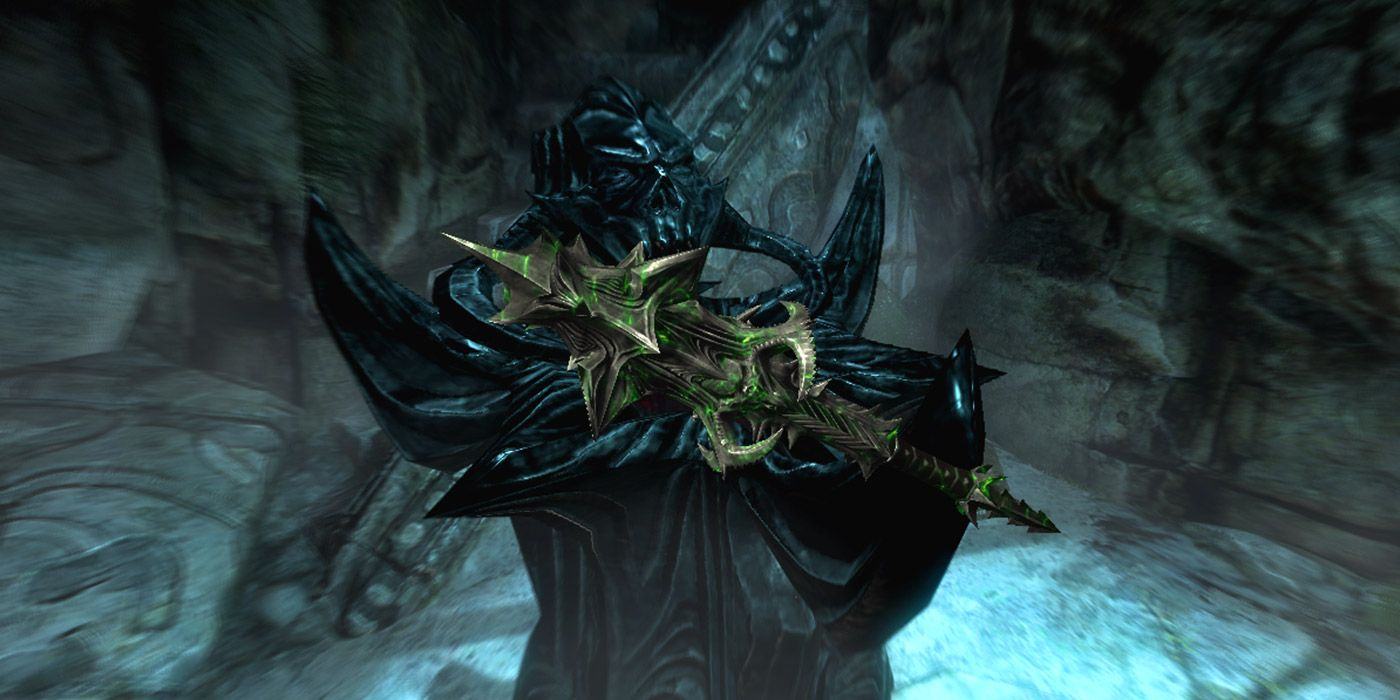 The Mace of Molag Bol resting atop its shrine in Skyrim.