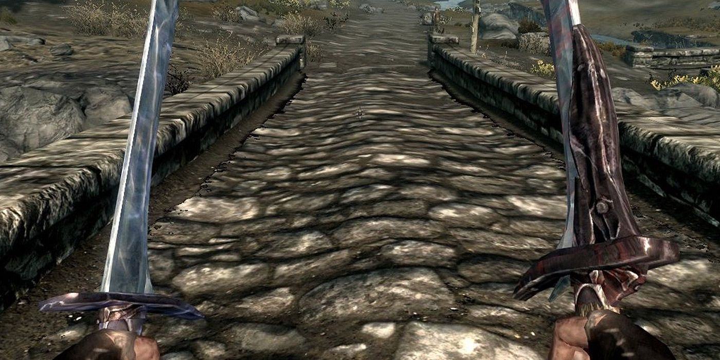 A first-person perspective of a player dual-wielding Soulrender and Bloodscythe in Skyrim