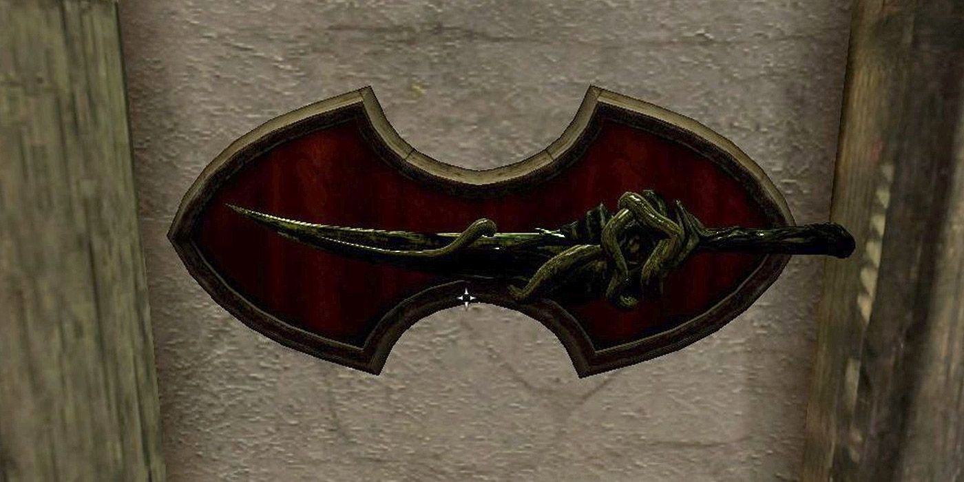 Miraak's Sword on hanging on a wall as a display piece in Skyrim.