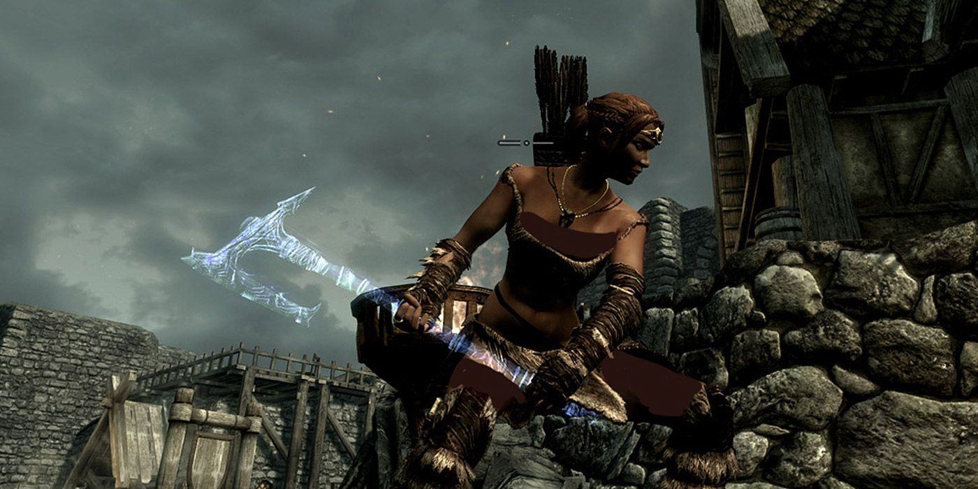 A female player holding the Drainblood Axe in Skyrim against a stormy grey sky.