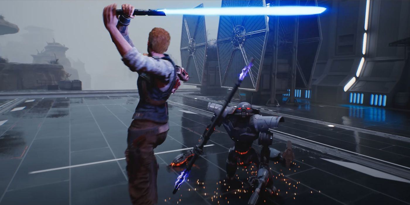 Cal Kestis takes down a dismembered fighting Droid with his lightsaber in 'Star Wars of the Jedi: Survivor'