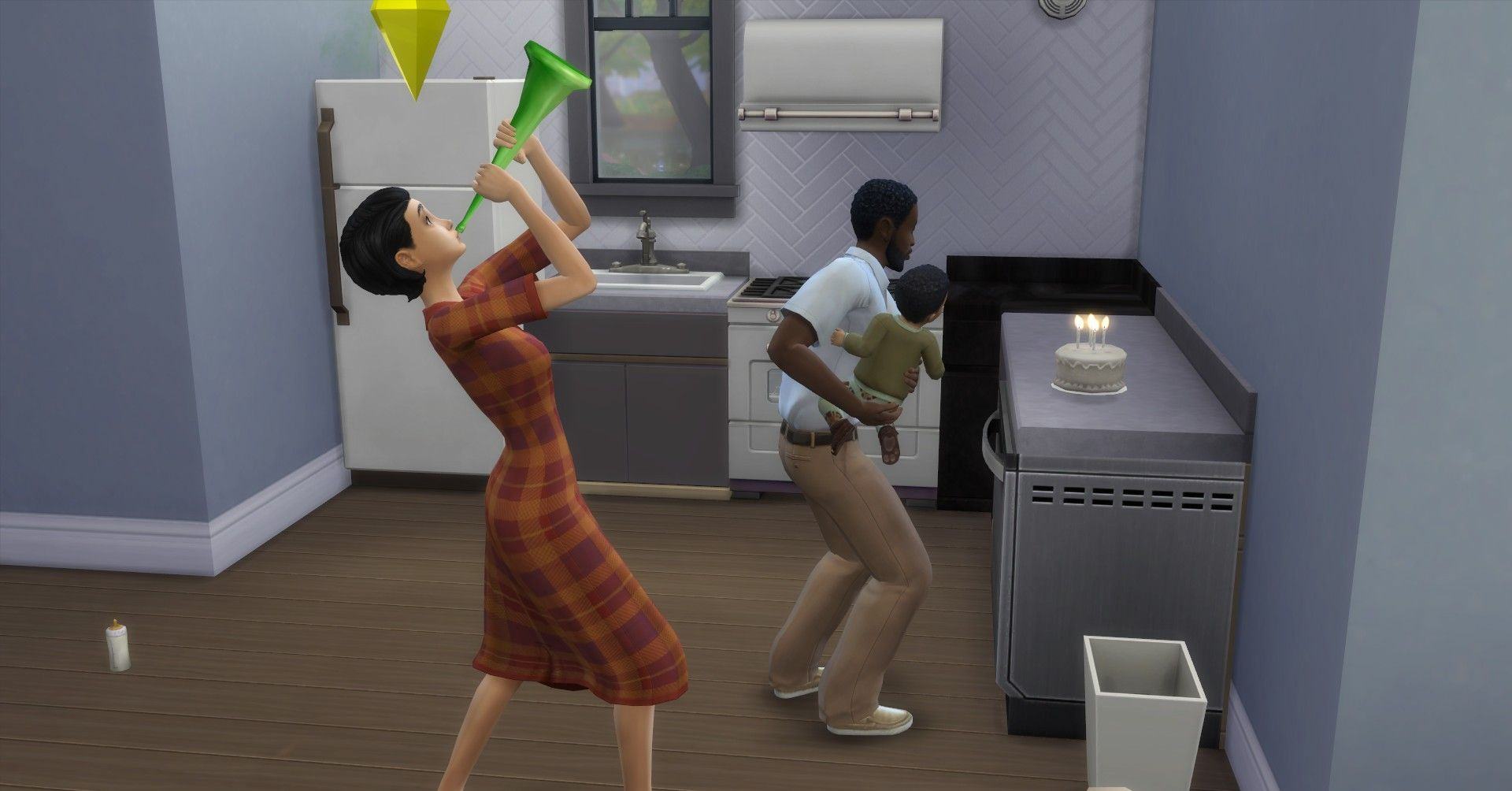 The Sims 4 Happy Birthday, Dad Blows Candles with Child, Wife Blows Whistle for Happy Birthday.