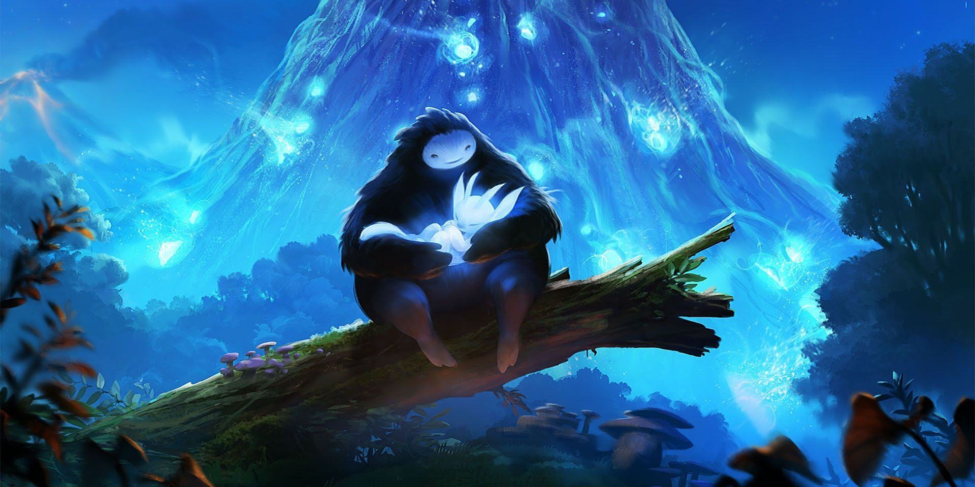 Naru holding a glowing Ori on a fallen tree in The Blind Forest.