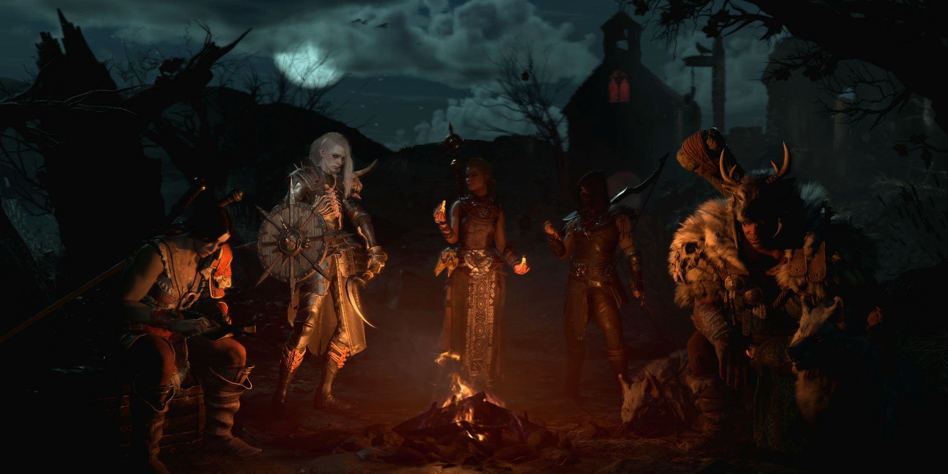 Diablo 4 Art features a full party around a campfire.