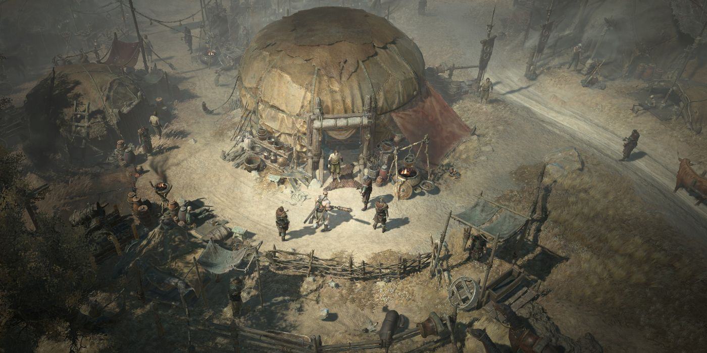 Screenshot of Diablo 4's Arid Grasslands area, with tent-like structures set up in a desert landscape