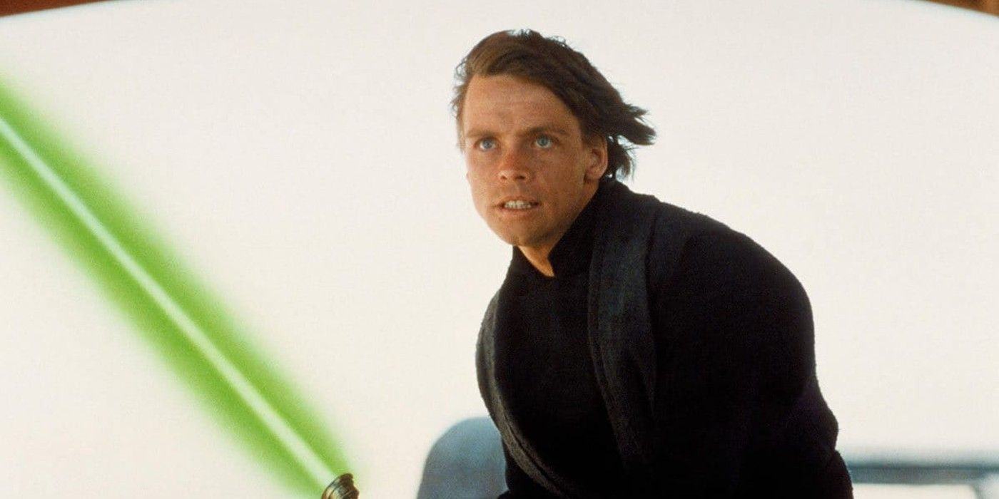 Luke Skywalker in Star Wars VI: Return of the Jedi holding a green lightsaber