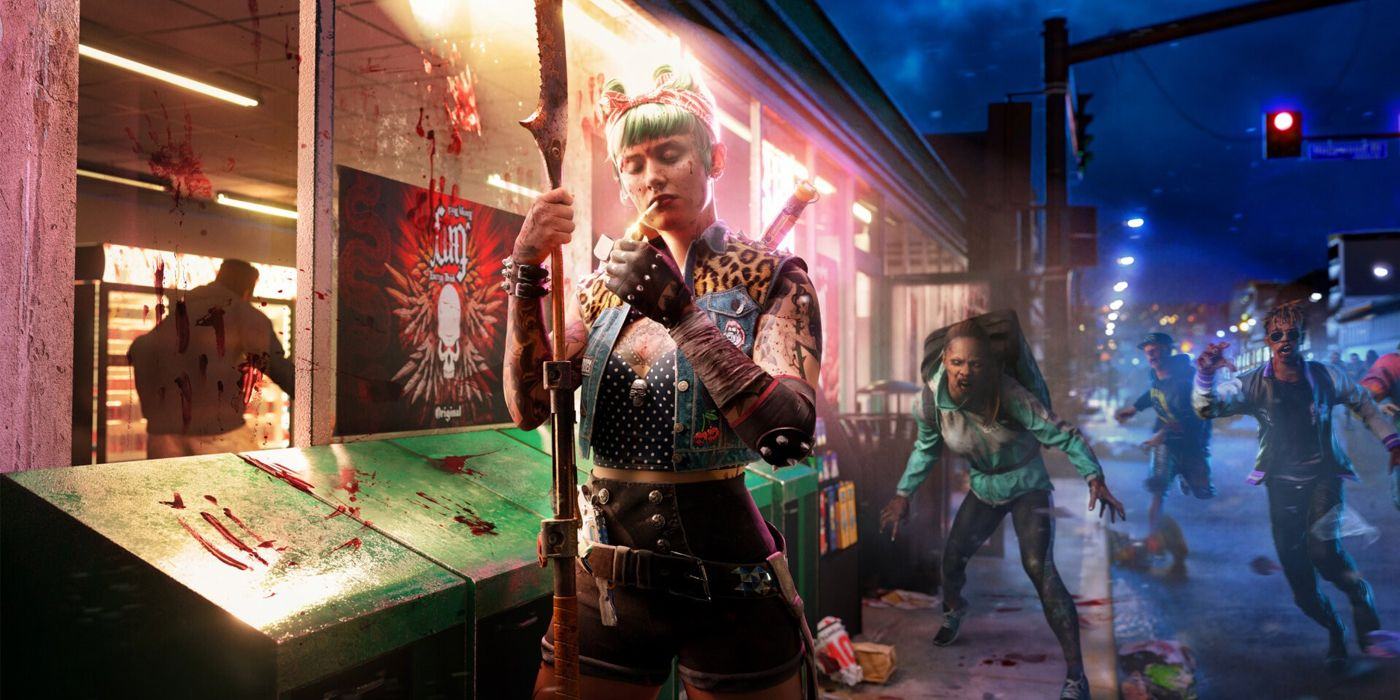 As one of Dead Island 2's playable protagonists, Dany lights a cigarette outside a blood-stained convenience store as zombies loom over the street behind her.
