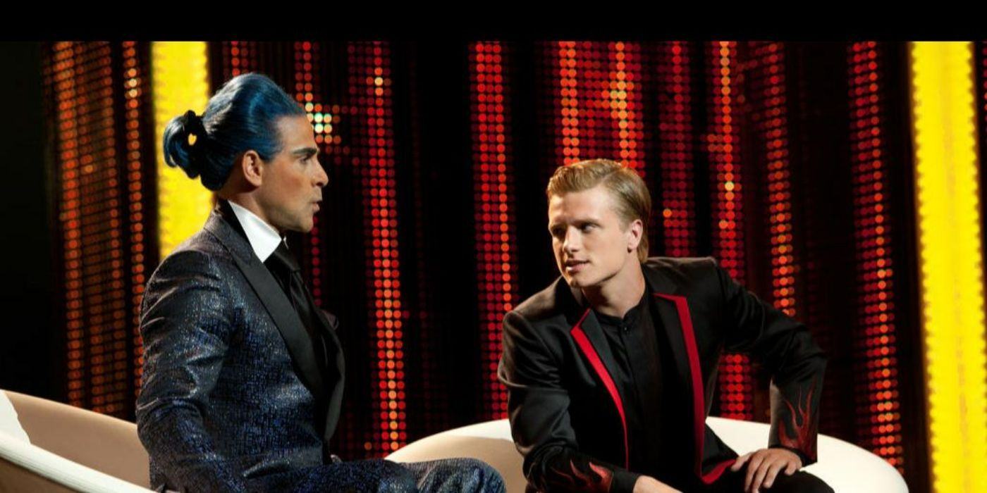 Caesar Flickerman interviews Peeta in The Hunger Games. 