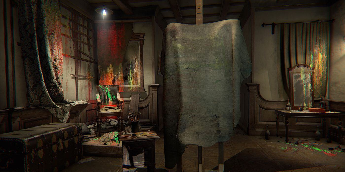 In Layers of Fear, an oil painting is covered on a canvas in a dimly lit room filled with paint.