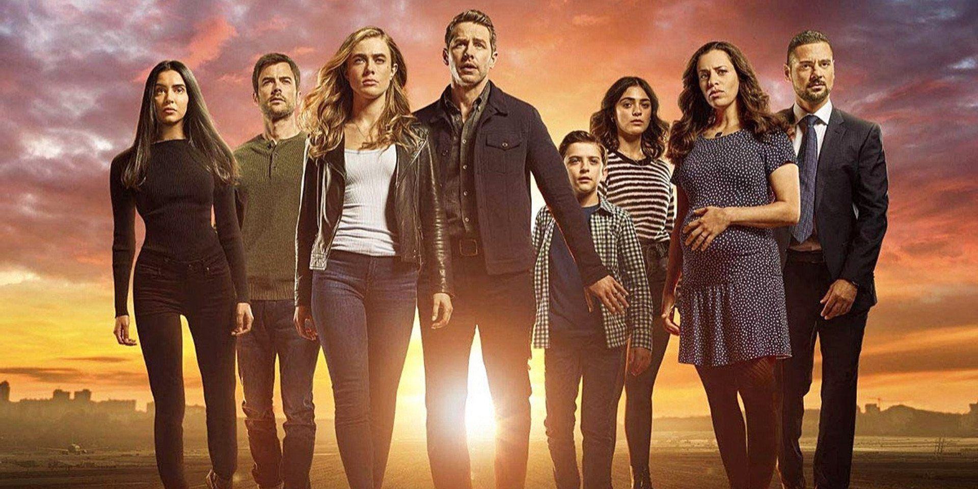 An image of the cast of Manifest in front of a sunset.