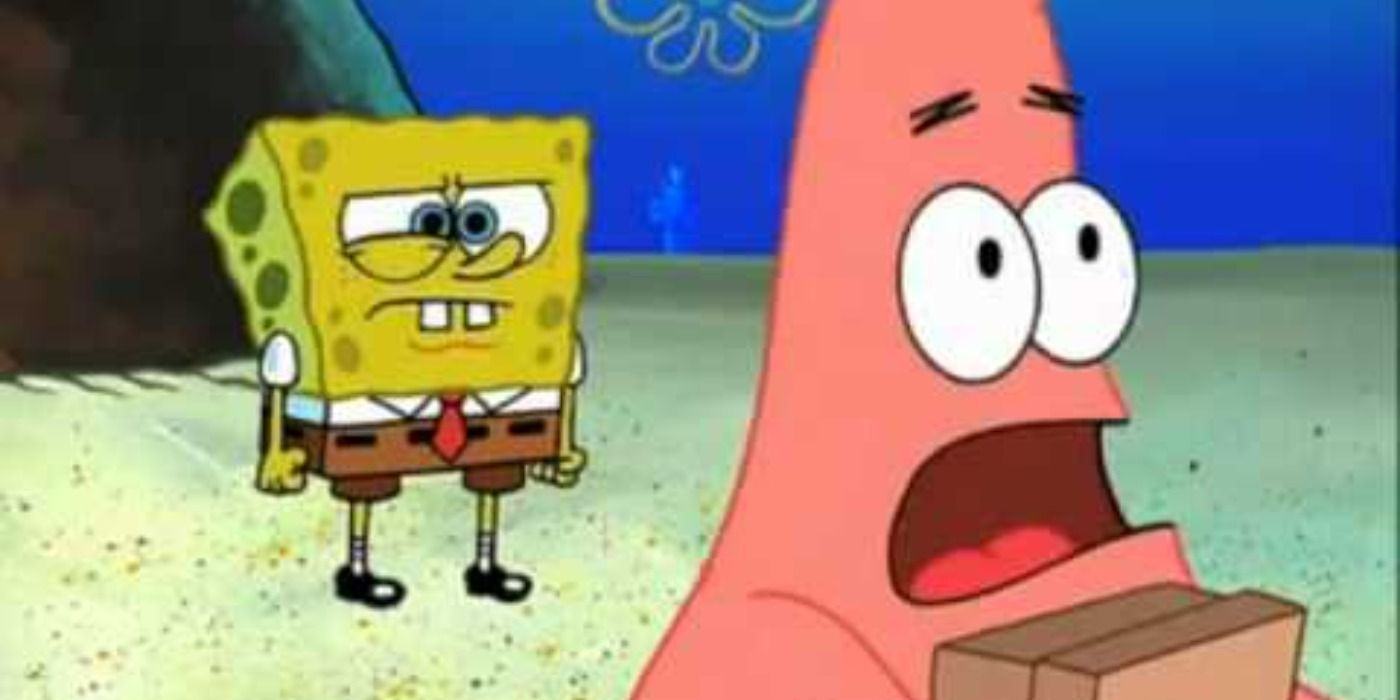 Patrick holds a box and SpongeBob stares at him in SpongeBob SquarePants