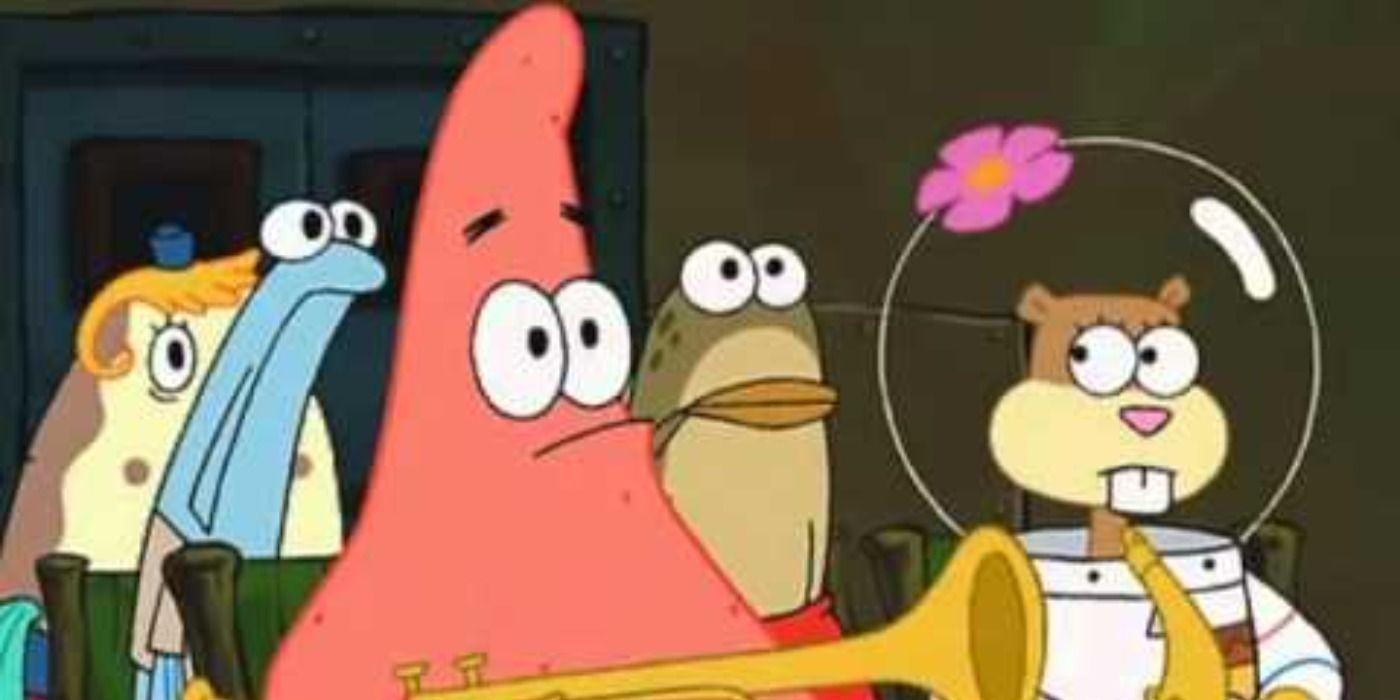 Patrick holds an instrument and Sandy sits next to SpongeBob SquarePants