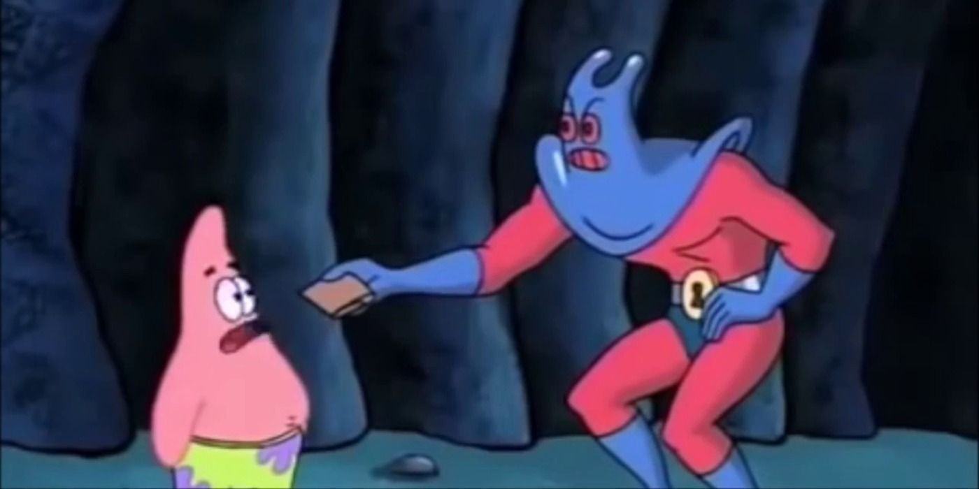 Man Ray in SpongeBob SquarePants gives Patrick a wallet