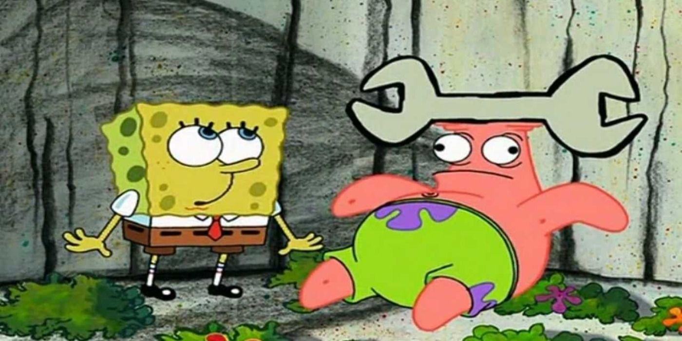SpongeBob looks up after being hit by a wrench SpongeBob SquarePants, Patrick is in a daze